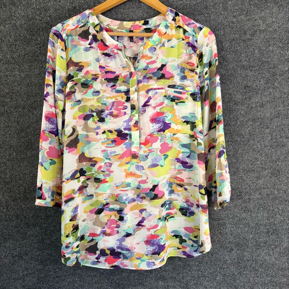 NYDJ Womens Abstract Print 3/4 Sleeve Top Size Large Petite V Neck Office Career